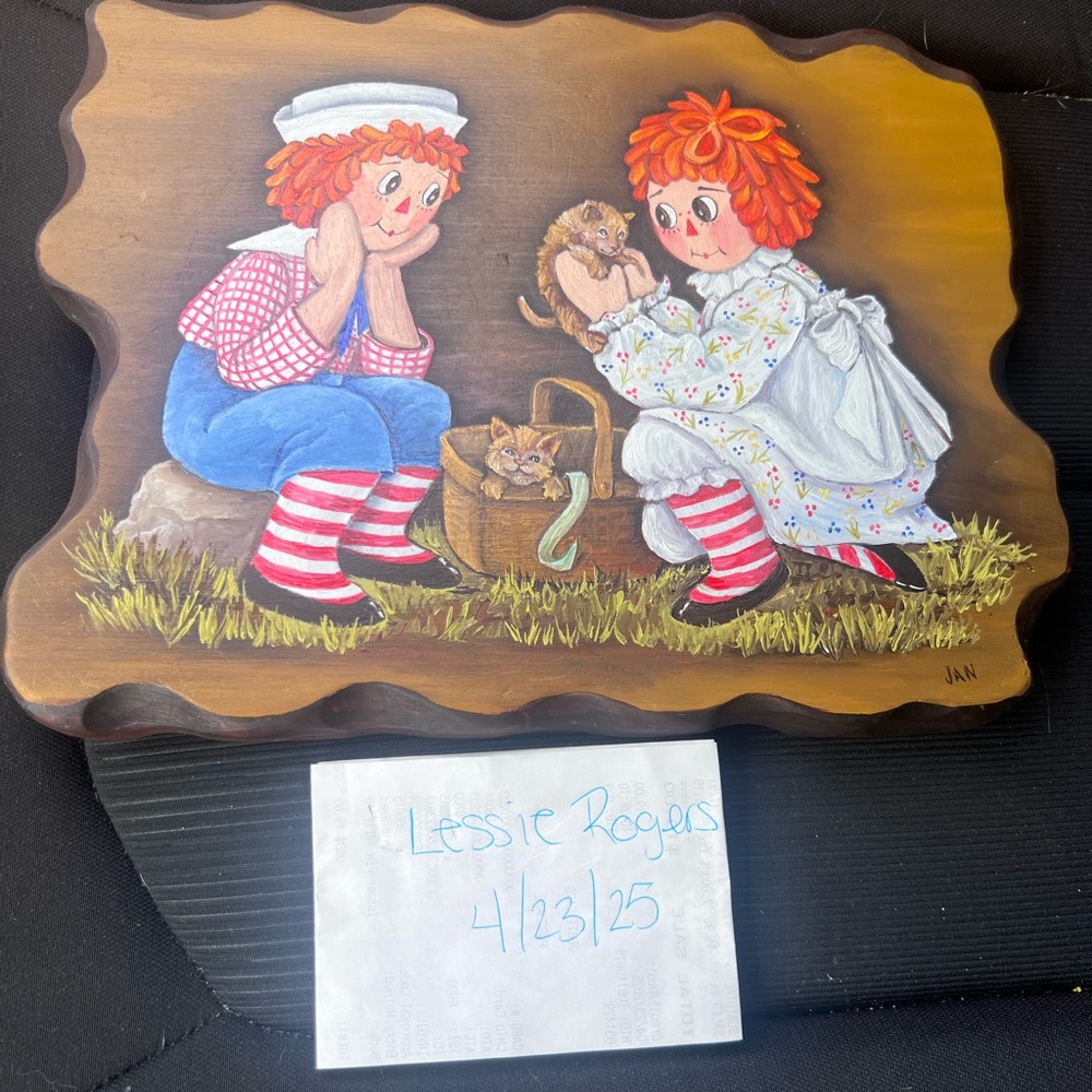 Vintage Raggedy Ann and Andy Wooden Plaque